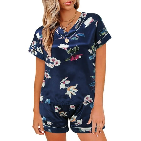 

nsendm Women Pajamas Set Satin Sleepwear Sexy Lingerie V Neck Shirt Shorts Nightwear Homewear Warm Women Pajamas Set Pajamas Blue Medium
