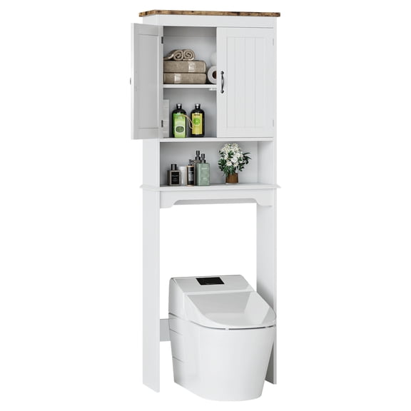 Space-Saving Over the Toilet Storage Cabinet – 66'' Tall Bathroom Organizer, with Double Doors & Adjustable Shelves, Freestanding Bathroom Shelf – White
