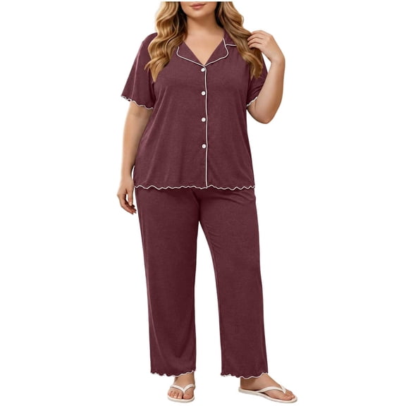 Maplenight 2 Piece Pajamas for Women Set Plus Size Short Sleeve Button Down Tops and Long Pants Pj Set Soft Sleepwear Loungewear