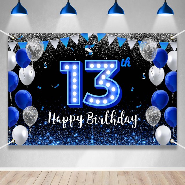 Banner De Feliz Cumpleaños Número 13 Fondo De Tema Azul Negro Con Luz De Neón Azul Moda Brillante Fiesta De Cumpleaños Foto Fotografía Prop Fondo De Cabina Para Niños Niñas Celebración 70.8X47.2In-Bec