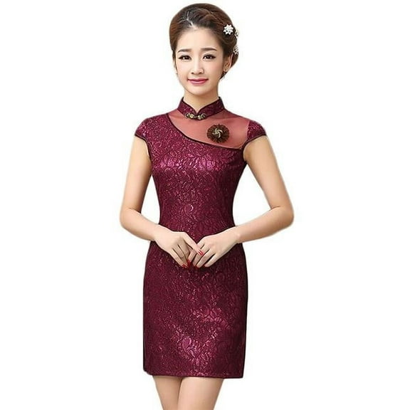 Panda Superstore  Elegant Slim Cheongsam Traditional Wedding Dress Cheongsam - Wine Red - Large