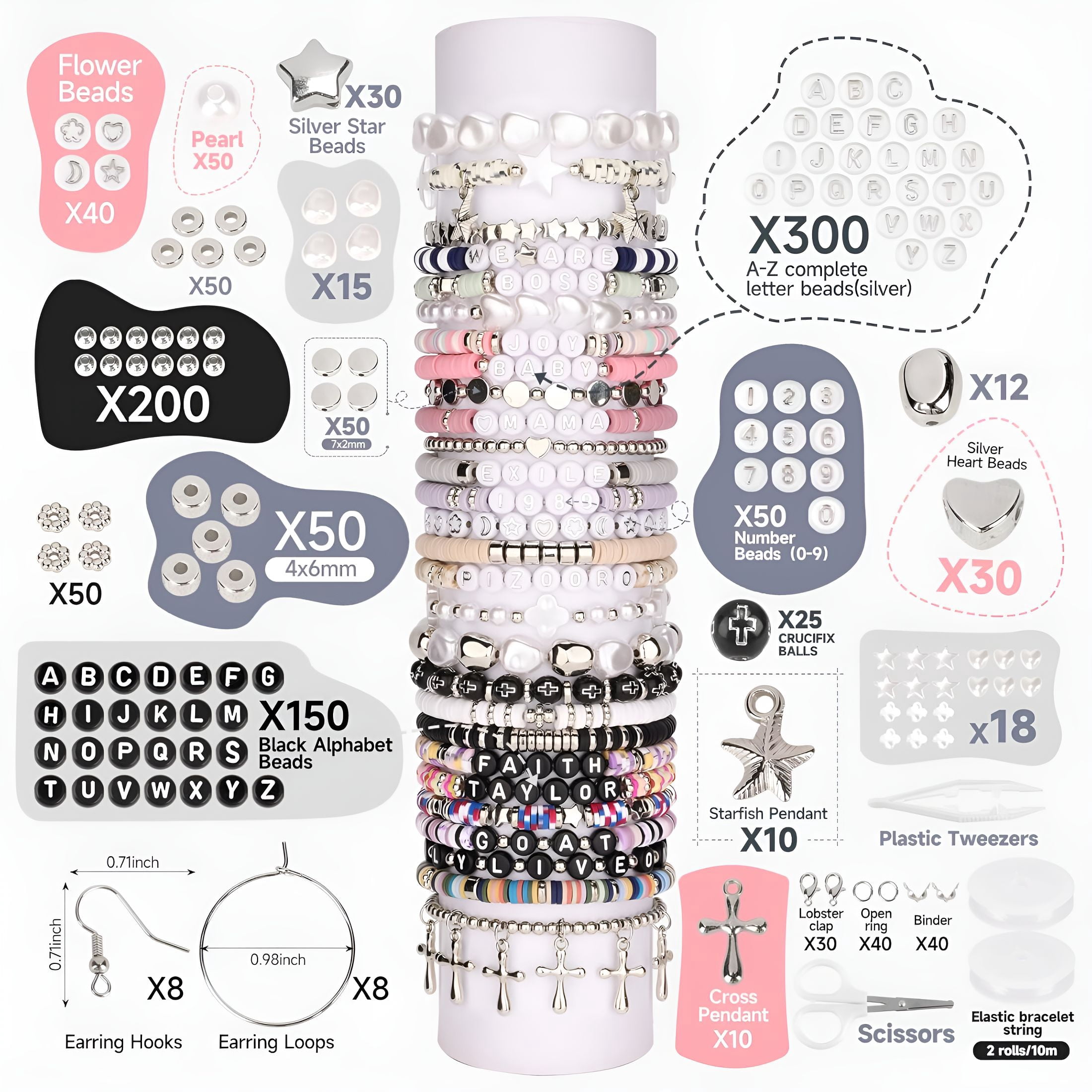 DESIGNICE Bracelet Making Kit 3 Boxes,Clay Beads for Jewelry Making,Silver Letter Bead with Cross Charm,Silver Earrings and Elastic String,Friendship Bracelet for Women,Birthday Gifts for Women Girls