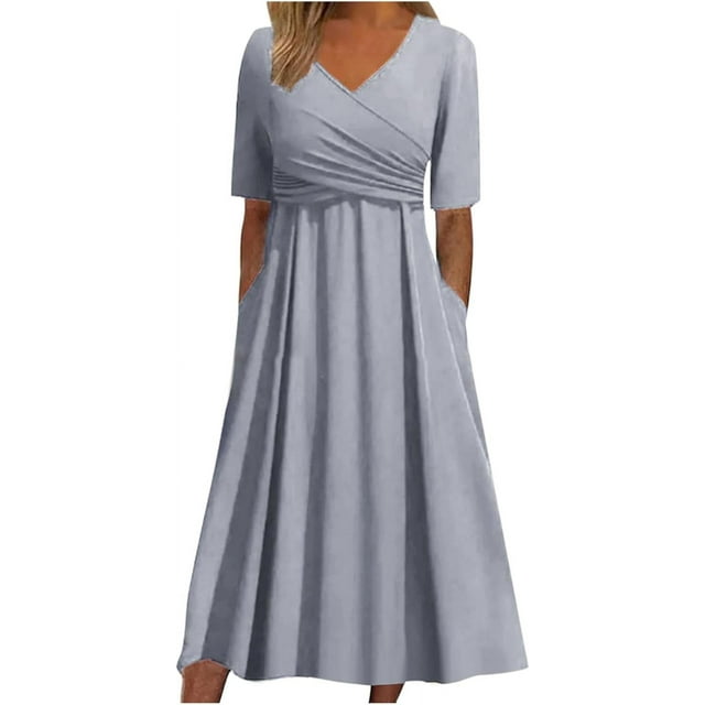 Robes de Printemps pour Femmes Décontractées Manches 3/4 Longue Robe Évasée Basique Plage Vacances Travail Maxi Robe 2025