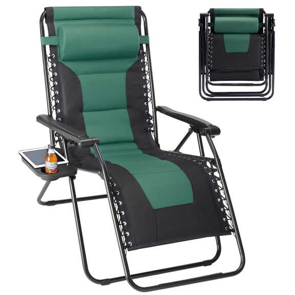 SHOUFTW Padded Zero Gravity Chair, Heavy Duty Outdoor Recliner, Foldable Anti Gravity Lounge Chair for Yard Camping Poolside, Black Green