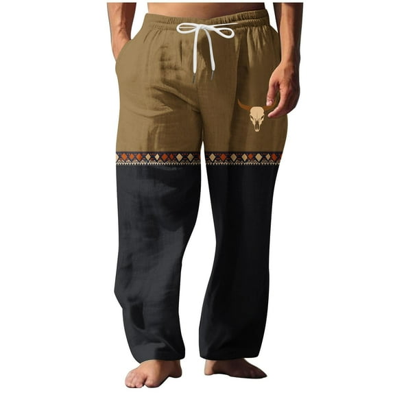 YLSDY Pants for Man Bull Skull Print Wide Leg Stretchy Fall Summer Color Block Loose Oversized Thin Mens Pants Trendy Casual Black 10