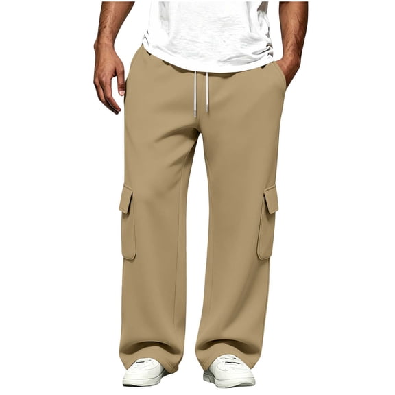 Riecok Mens Cargo Sweatpants with Pockets Open Bottom Elastic Waist Drawstring Pants Pull on Wide Leg Sweat Pant Workout Fall Trouser Khaki 3XL