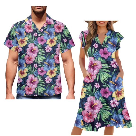Garronmavis Hibiscus Couple Matching Outfit Husban and Wife Clothing Men's Button Down Casual Shirt for Summer and Womens Short Sleeve Dress Flowy Hawaiian Beach Sundress Size XS