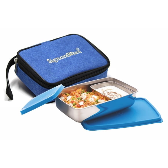 Stainless Steel Compact Small Steel Lunch Box With Bag - Blue, 150ml+550ml | Two Compartments With Airtight Lid - Leak Resistant, Microwave Safe