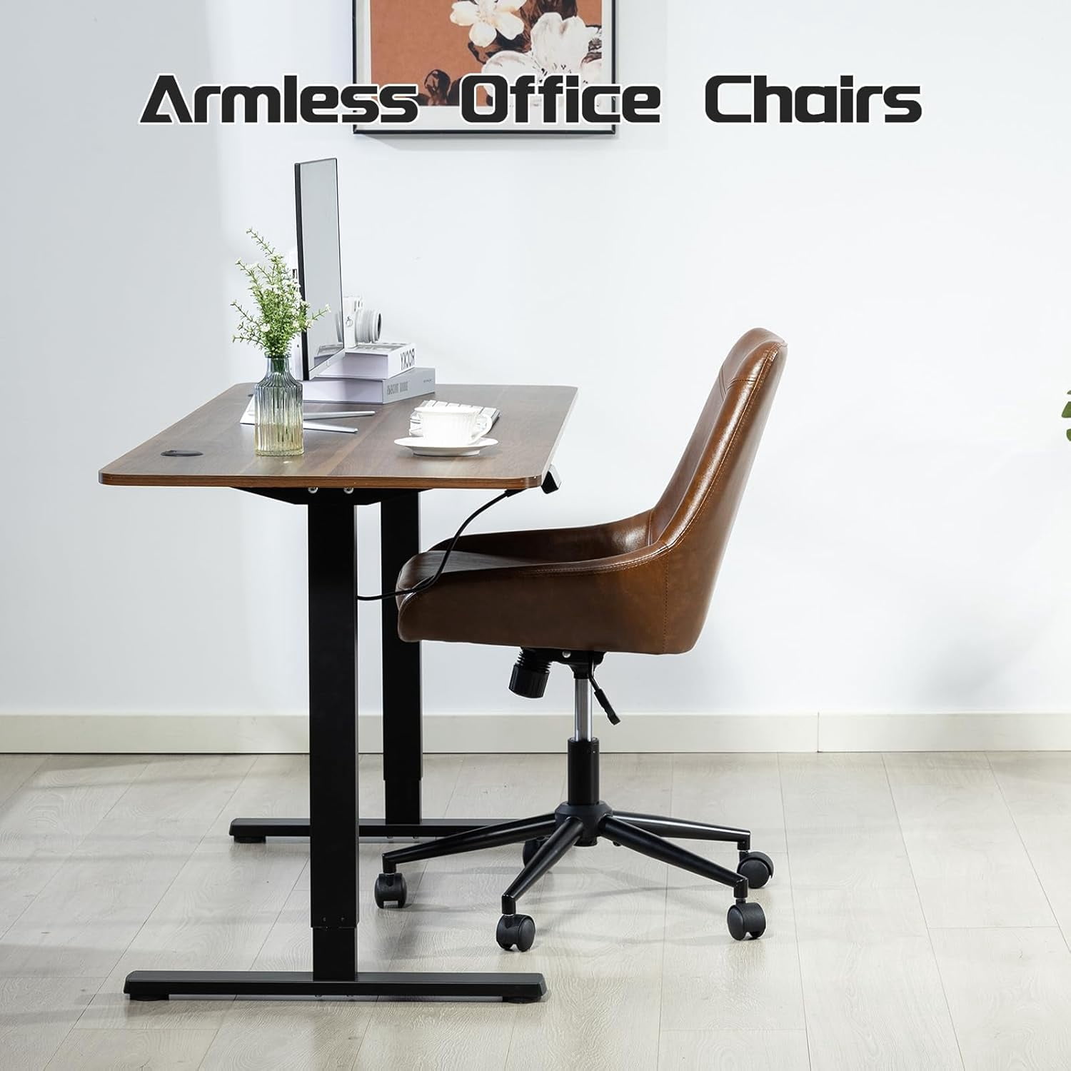 Faux Leather Home Office Chair，Comfortable Armless Task Chair Swivel Rolling Adjustable Height Home Office
