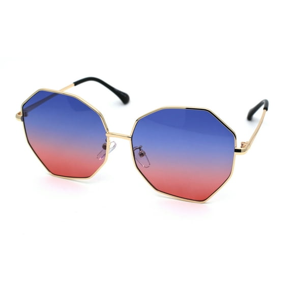 Womens Octagonal Oversize Hippie Metal Rim Sunglasses Gold Blue Pink