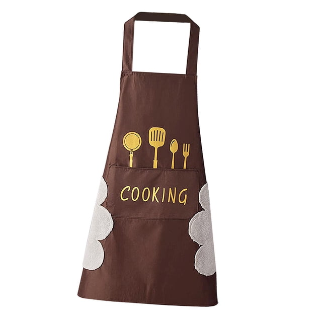 delantal de cocina a prueba de aceite con bolsillos grandes para adultos unisex sunnimix color Café, vista frontal centrada de un delantal babero marrón 65x72cm con cuello ajustable, gran bolsillo frontal con la palabra "COOKING" y gráficos de utensilios en amarillo, laterales con toallas de vellón absorbente blancas, superficie recubierta resistente a agua y aceite según especificación; ideal para guardar teléfono y llaves y suele usarse en cocina, restaurante o picnic.