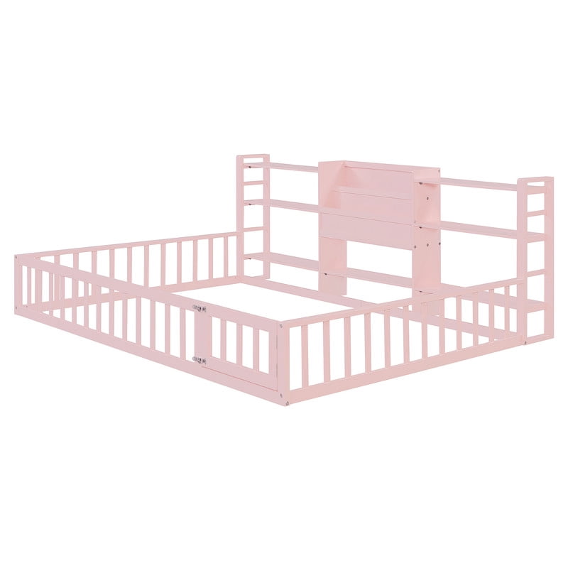 Full Size Floor Bed Platform Bed with Side Bookcase and 3-Tier Storage Shelves, Solid Wood Low Profile Montessori Floor Bed with Safety Guardrails for Kids, Boys, Girls