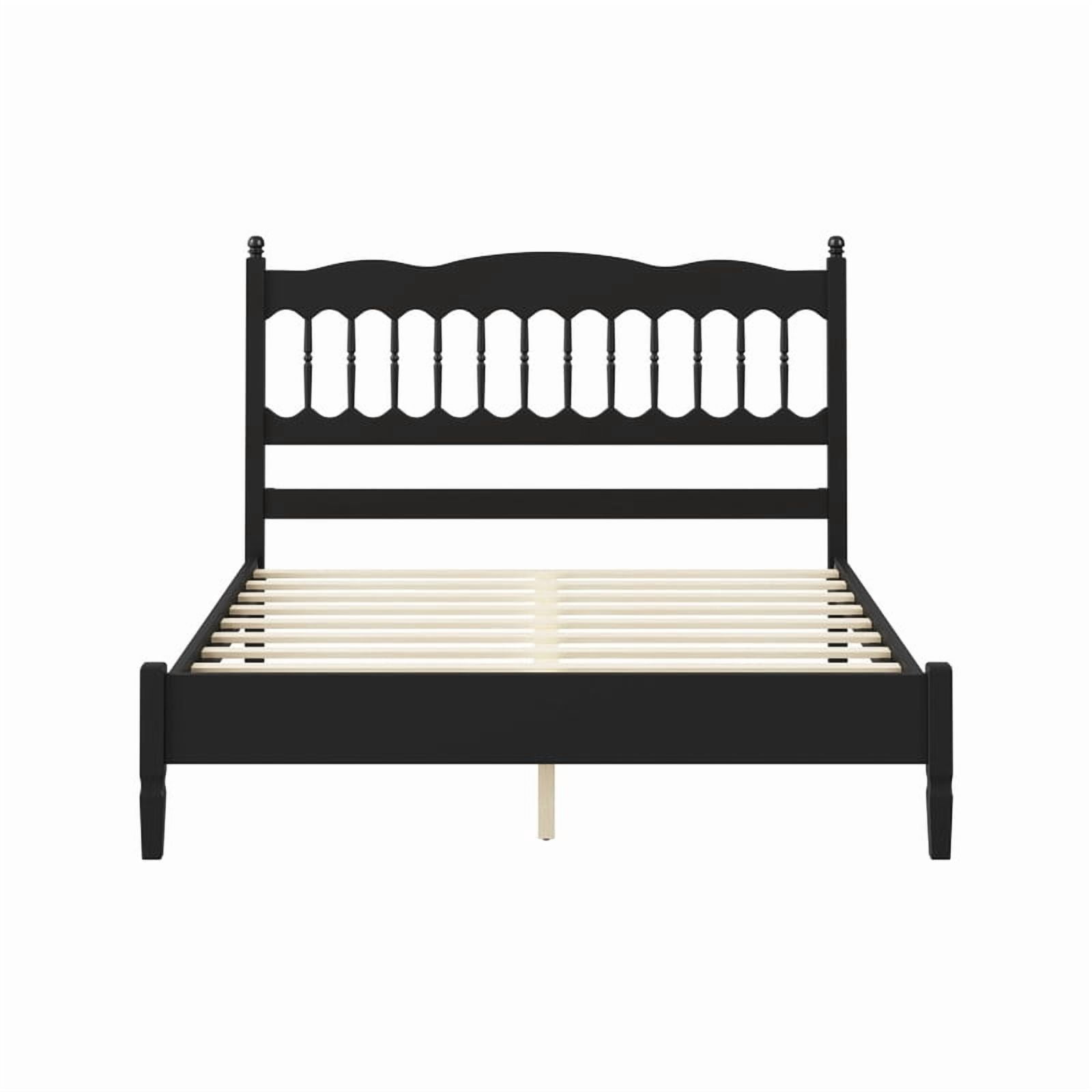 Queen Size Retro Countryside Style Wooden Bed Frame with Spindle Headboard, Low Profile Platform Bed with No Box Spring Required