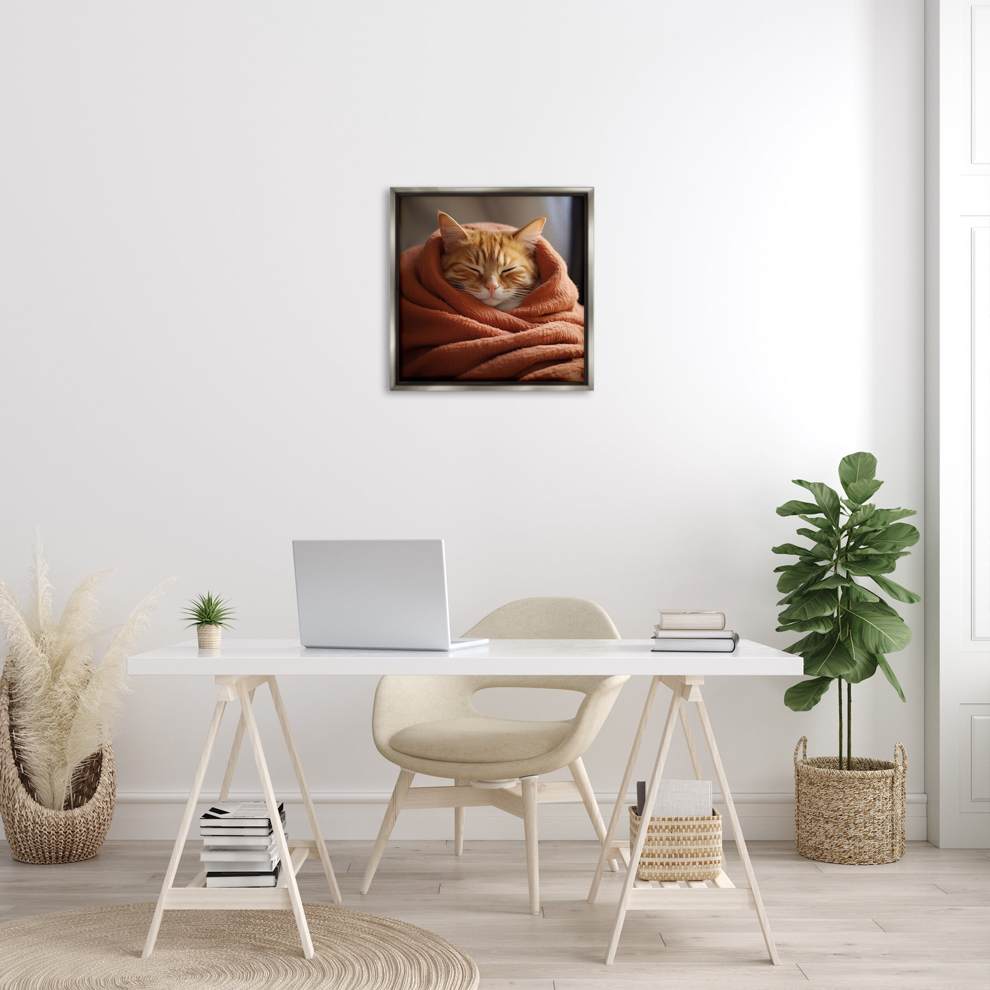 Stupell Industries Cuddling Sleepy Cat Animals & Insects Painting Gray Floater Framed Canvas Art Print Wall Art, 25 x 25