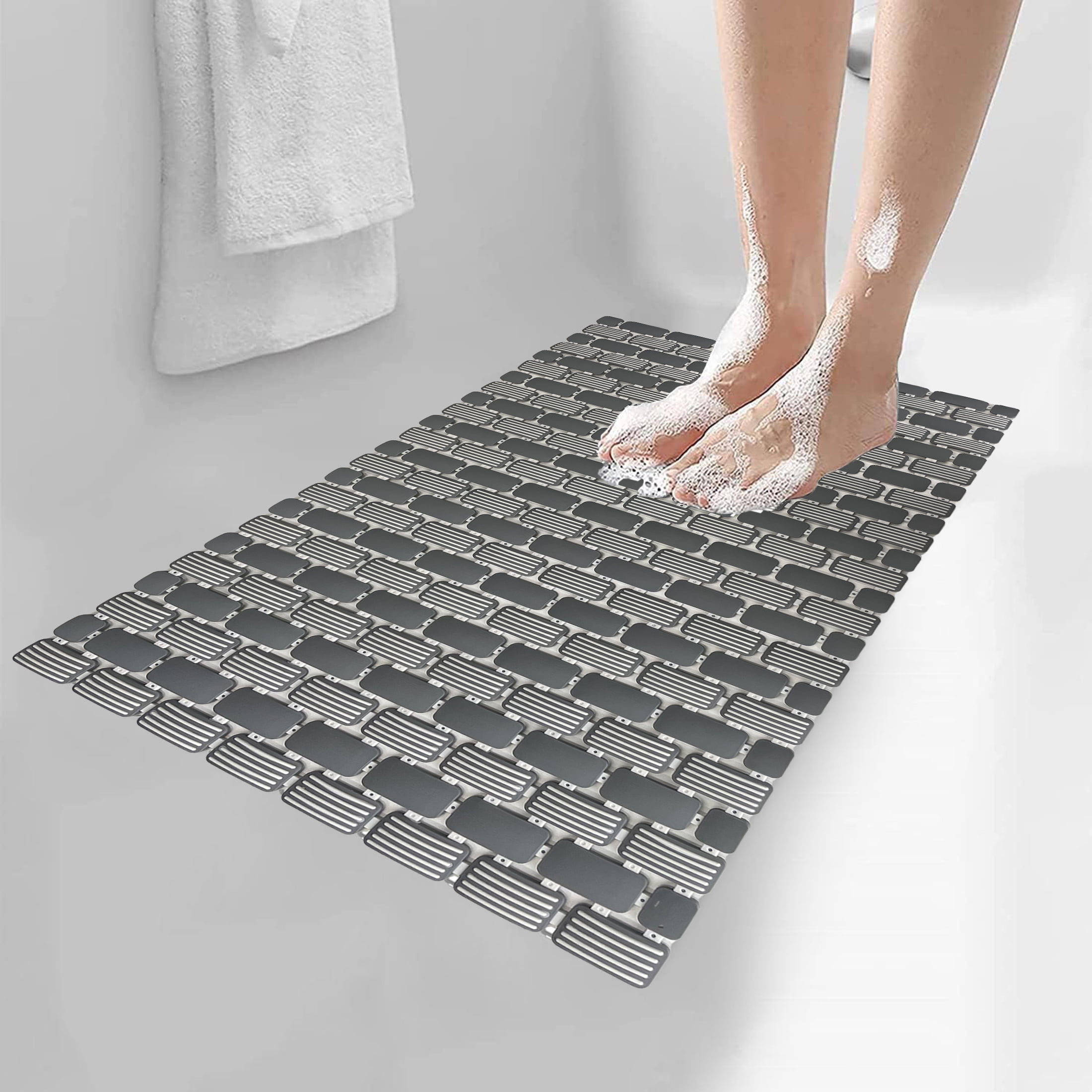 Mainstays 28.34" x 15.35 ", PP+TPE, Non-Slip Tile Bath Mat for Shower with Strong Suction Cups, Grey