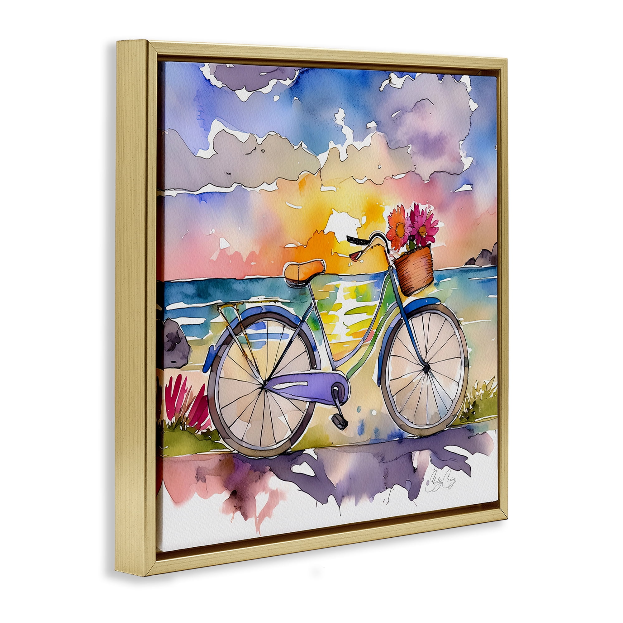 Stupell Industries Bicycle By The Seaside Gold Framed Floater Canvas Wall Art, design by Shelly Craig