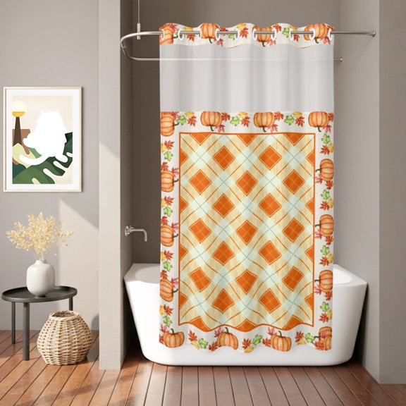 Fall Thanksgiving Shower Curtain, Rustic Orange Gingham Pattern Pumpkin Border Waterproof No Hooks Bath Shower Curtain with See Through Top Window for Bathroom Bathtub 36x72in
