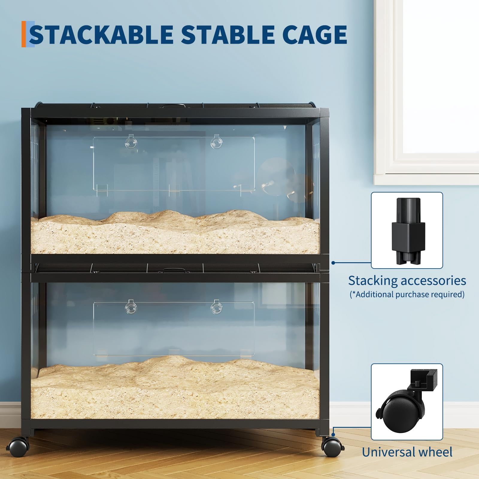 Yeshouse Hamster Cage with Chew-Proof Acrylic Panels - Stackable Metal Habitat for Hamsters, Gerbils & Guinea Pigs | 37.8" Spacious Design, Dual-Door Access, Universal Wheels, Easy-Clean