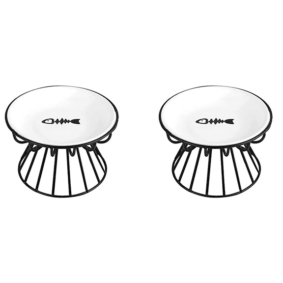 2X Cat-Bowls, Elevated Cat-Bowl, Raised Ceramic Cat-Dish with Metal Stand,Pet Water or Food Feeding Station,2 x Cat Dish 2 x Stand,Black&White