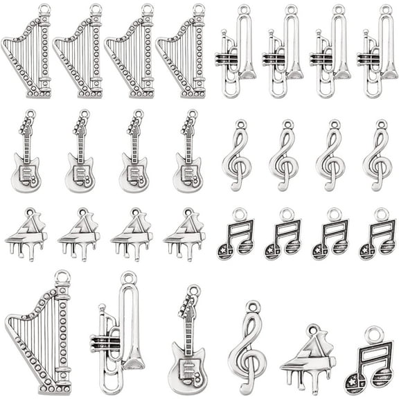 30pcs 6 Styles Musical Instruments Charms Silver Alloy Pendants Charms for DIY Necklace Bracelet Jewelry Making (Guitar Harp Trumpet Piano Musical Note) for diy