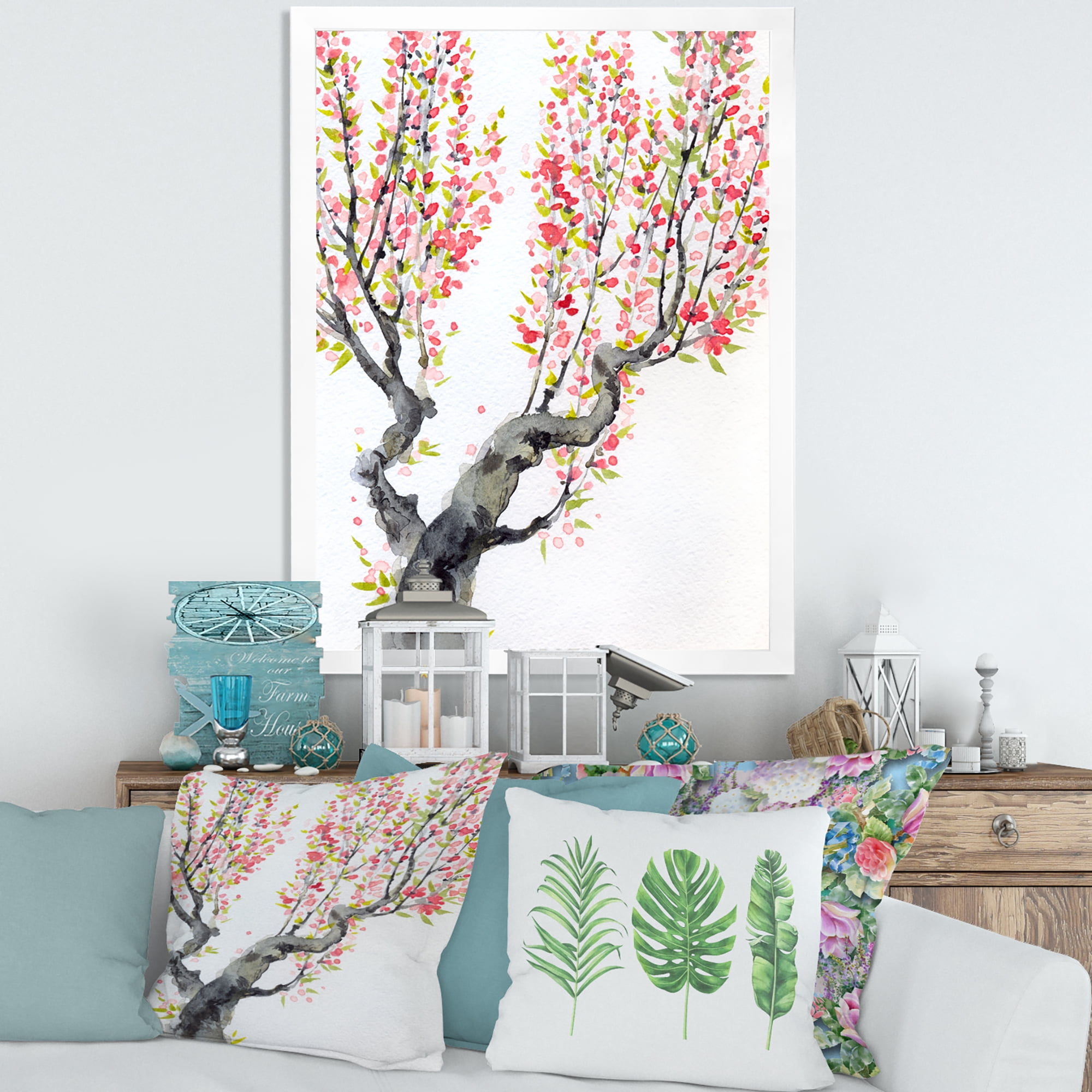 Red Spring Flowers On Tree Branches 20 in x 20 in Framed Painting Canvas Art Print, by Designart