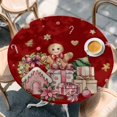 thumbnail image 2 of Red Gingerbread Christmas Round Tablecloth, Fitted Table Cover with Elastic for 36"-44" Round Tables, Xmas Tree Gift House Star Table Cloth Outdoor Indoor Dinning Party Waterproof Tablecloths, 2 of 7