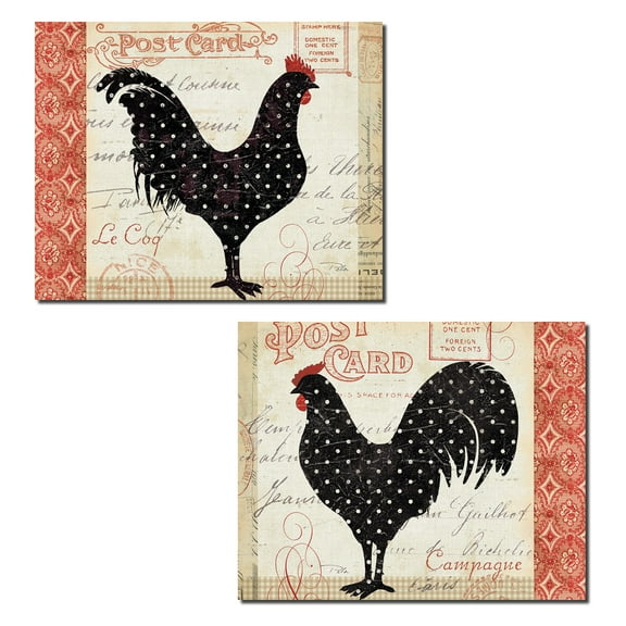 Country Rustic Red, Tan and Black Rooster Adult Kitchen Decor; 2- 14" x 11" Unframed Prints