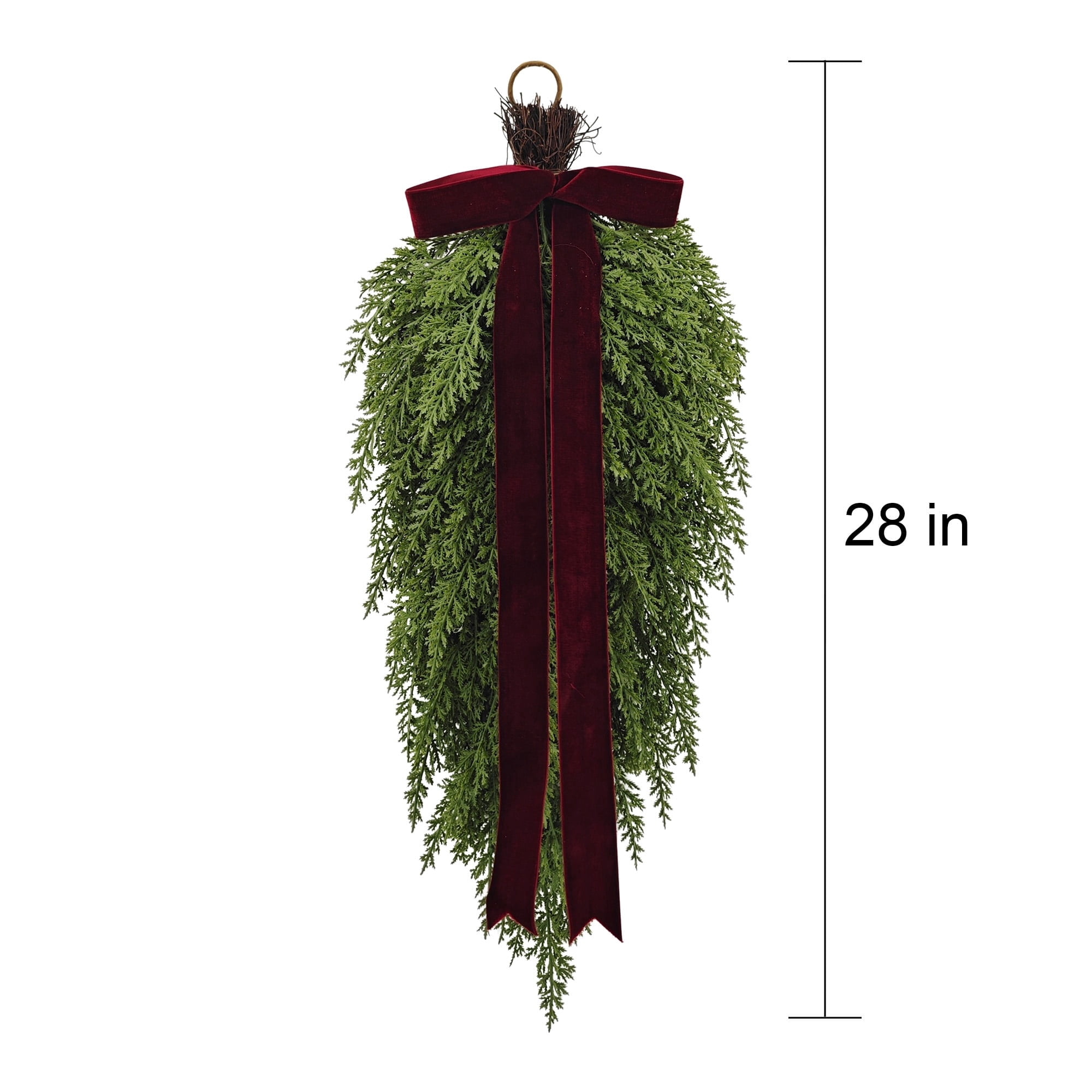 My Texas House Natural Feel Cedar Artificial Christmas Swag with Velvet Bow, Green and Red, 28"