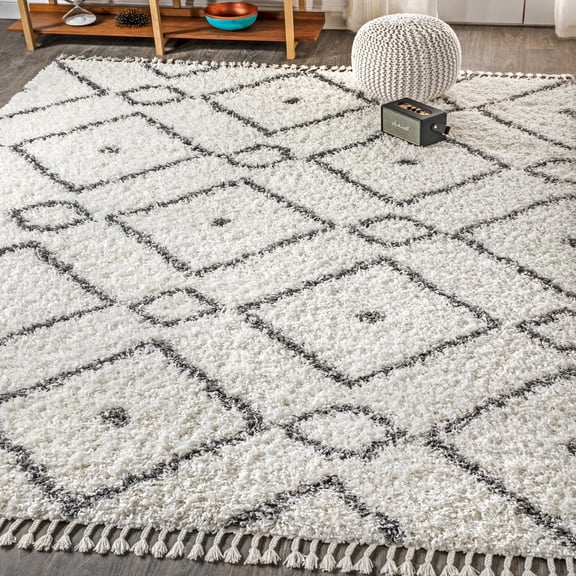 JONATHAN Y MERCER SHAG 8 x 10 Area Rug, Mercer Plush Tassel Moroccan Diamond - Cream/Gray, MCR105B-8