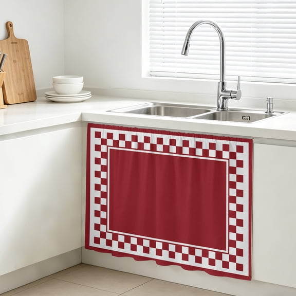 Cherry Red Square Cabinet Curtains for Kitchen 11"W x 13"L, Graphic Retro Red White Checkered Border Vanity Cabinet Curtains Magic Tape Short Curtain Decor Privacy Panel for Bathroom Laundry