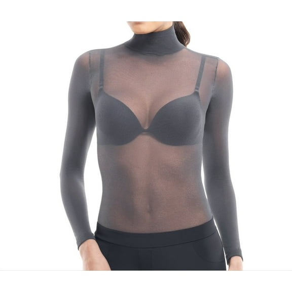 Lupo Second Skin Women's Long Sleeve Turtle Neck Sheer See Through Mesh Top, Graphite One-Size