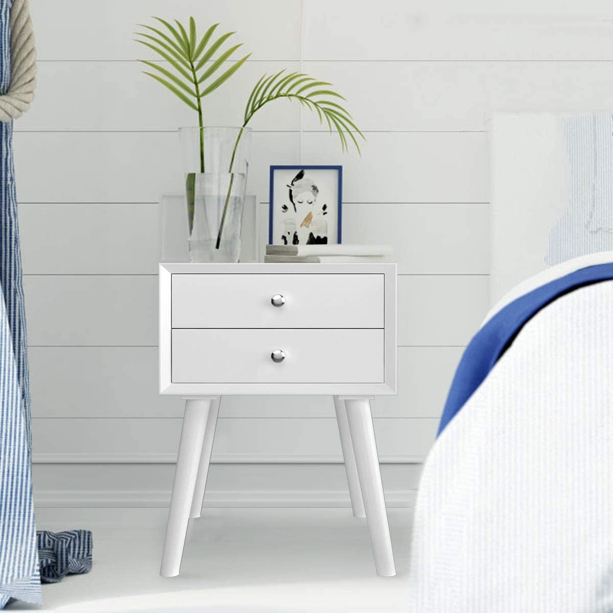 Giantex End Side Table Nightstand with Storage Drawer and Shelf, Wood Nightstand with 2-Drawers, Solid Wood Legs Living Room Bedroom Furniture