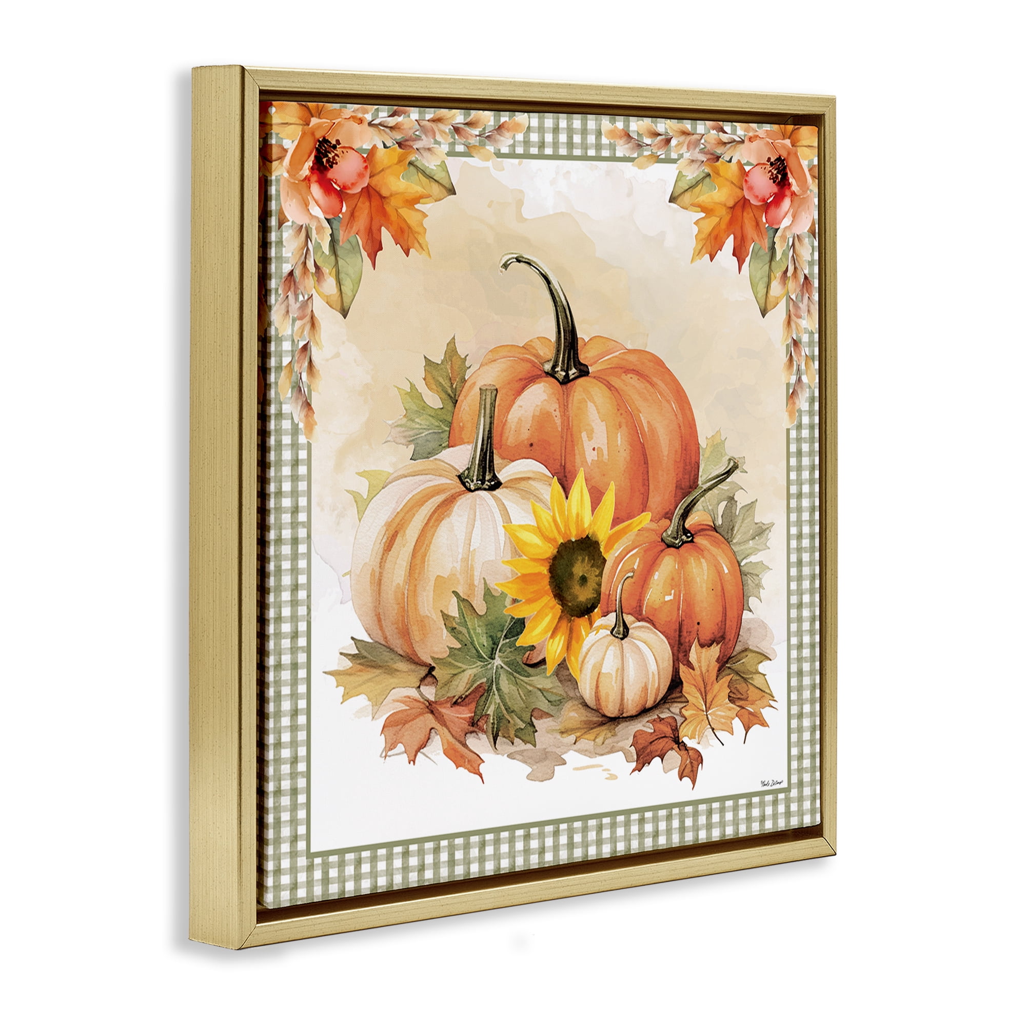 Stupell Industries Autumn Pumpkins Floral Border Botanical & Floral Painting Gold Floater Framed Canvas Art Prints Wall Art, 18 x 18