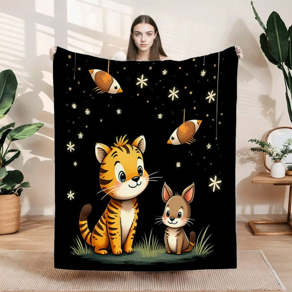 Whimsical Night Sky Flannel Blanket - Soft Cozy Durable Blanket with Cheerful Tiger Cub Rabbit and Floating Fish Design for Sofa & Travel