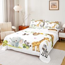 Feelyou Teens Giraffe Elephant Twin Sheet Sets, Kawaii Zebra Wildlife Twin Fitted Sheet, Cartoon Jungle Animal Flat Sheet, Luxury Bedroom Decor, 3pcs