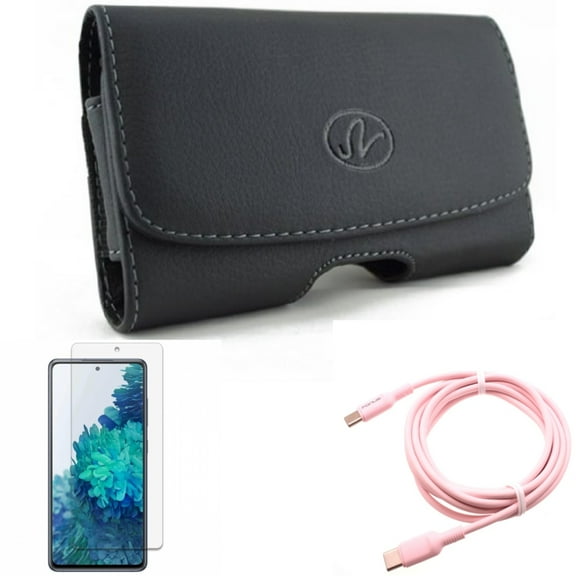Case Belt Clip & Screen Protector & Pink 10ft Long Cable for Samsung Galaxy S20 Fan Edition - Leather Swivel   Anti-Glare Tempered Glass   USB-C to Type-C PD Fast Charger Combo