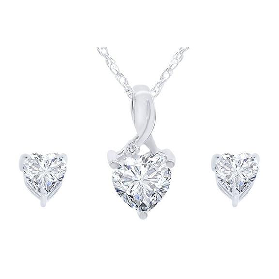 AFFY Heart-Shaped Simulated White Sapphire & Diamond Pendant Necklace & Earrings Set In 14K White Gold Over Sterling Silver