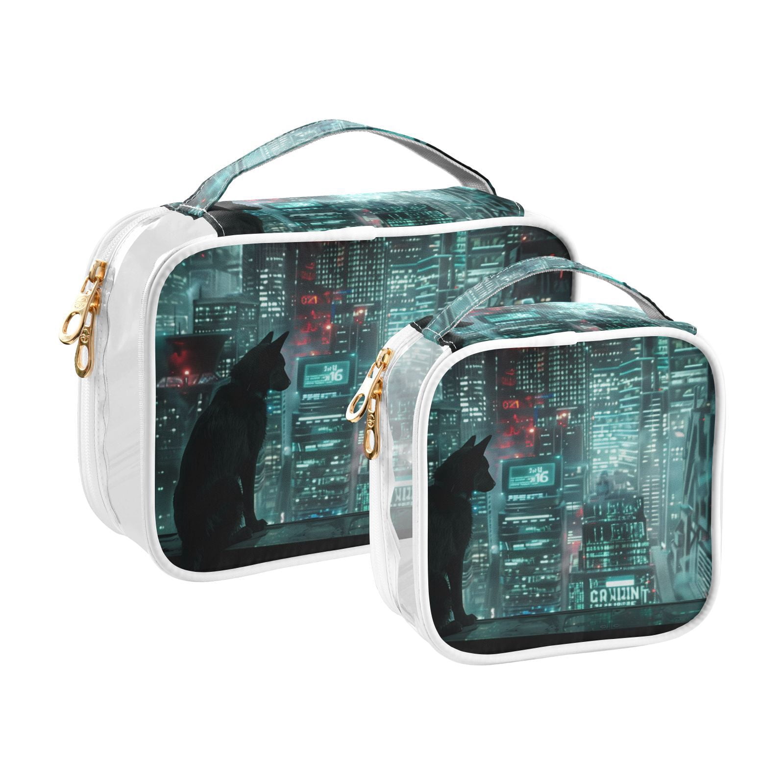 Clear Makeup Bags with Handle Large Opening 2 Pack Set Toiletry Bag Quart Size Bag, for Women Man Traveling Travel Essentials, Toiletries and Other. Cat Graphic