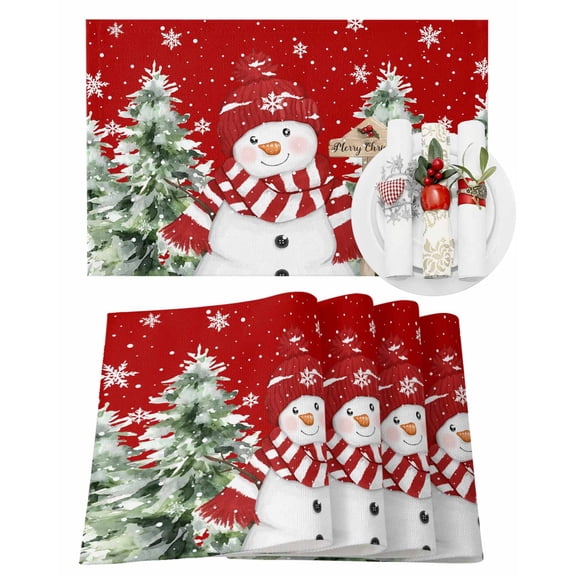 Christmas Placemats Set of 4, Red Snowman Place Mats Berry Pine Tree Winter Snowflake Placemat Table Decoration for Kitchen Table Dinner Xmas Holiday Party Home Decor Indoor Outdoor 13x19 Inch