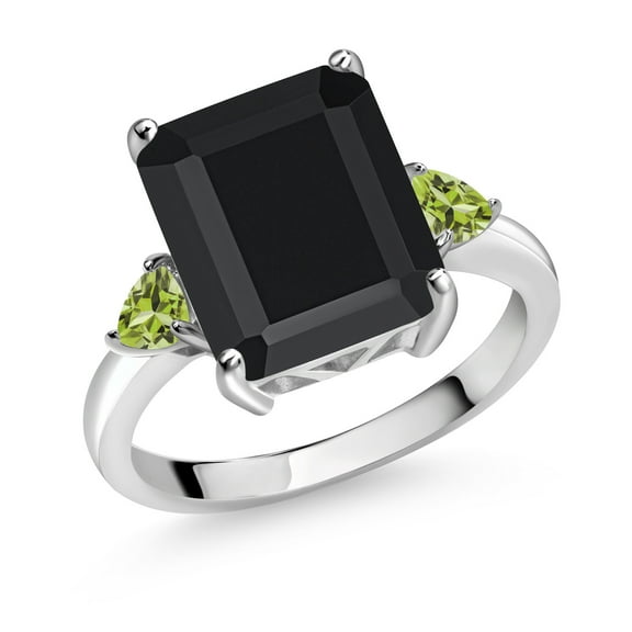 Gem Stone King 6.13 Ct Octagon Black Onyx Green Peridot 925 Sterling Silver 3-Stone Women Engagement Ring (Size 5)