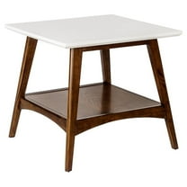Pemberly Row Mid-Century Rubber Wood End Table in Off White/Pecan