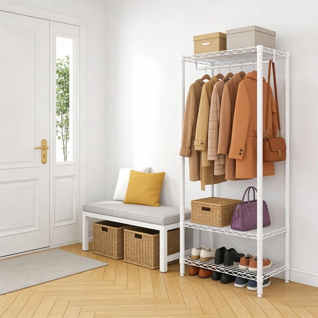 Heavy Duty 3-Tier Freestanding Clothes Rack – Adjustable Shelves – Compact Stand Alone Closet Organizer for Small Spaces, Corner, Bedroom – Portable Wardrobe – Max Load 684 lbs -Layer with 1 Hanging