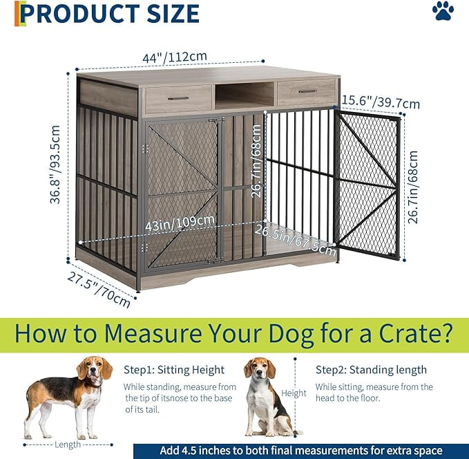 44" Large Dog Crate Furniture, Wooden Heavy Duty Dog Kennel Indoor End Table with Storage Drawers,Metal XL Dog Cage for Large/Medium Dogs, Brown & Black