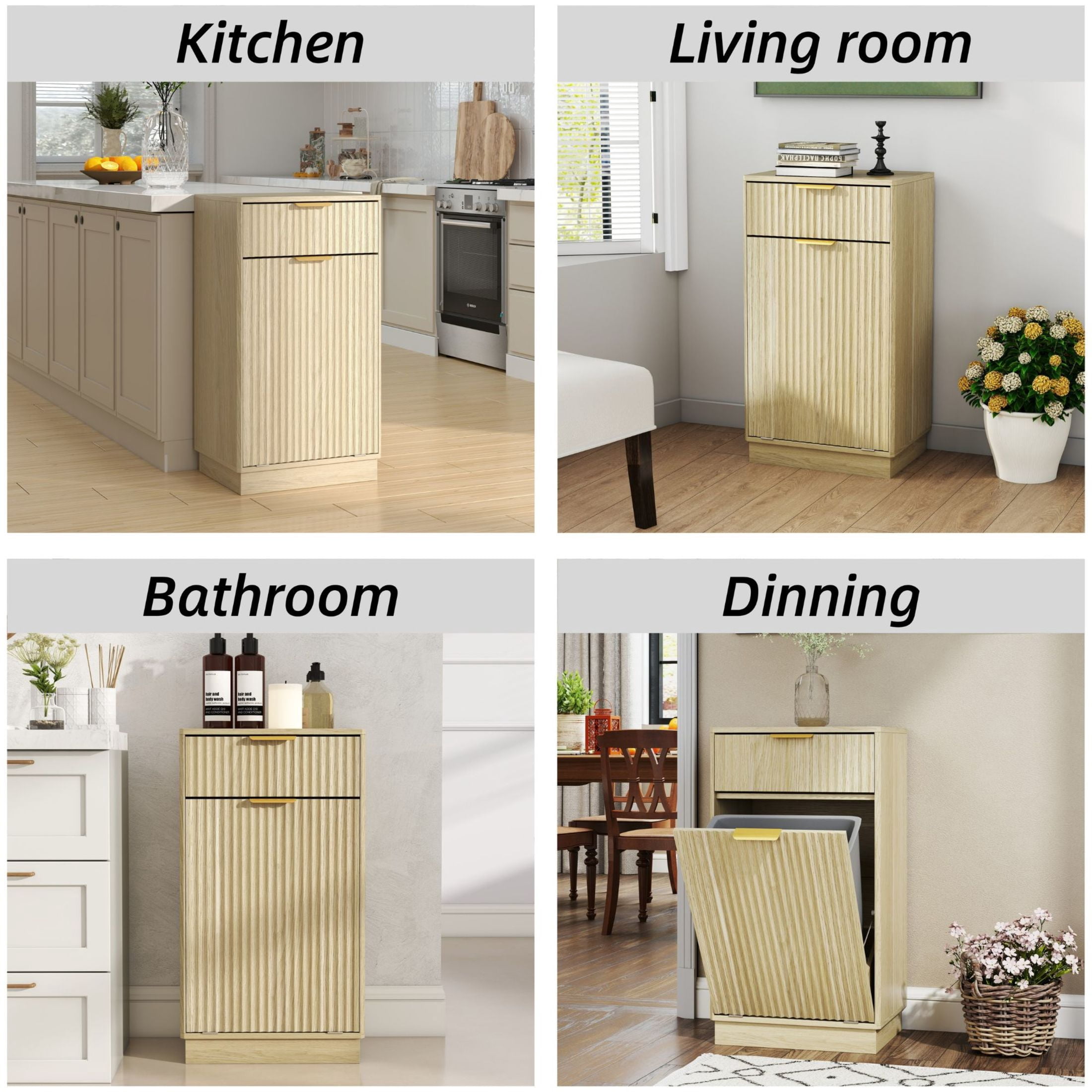 Noble House Great 10-Gallon Tilt-Out Trash Can Cabinet, Woodgrain Hidden Bin with Drawer for Kitchen, Bathroom, Oak