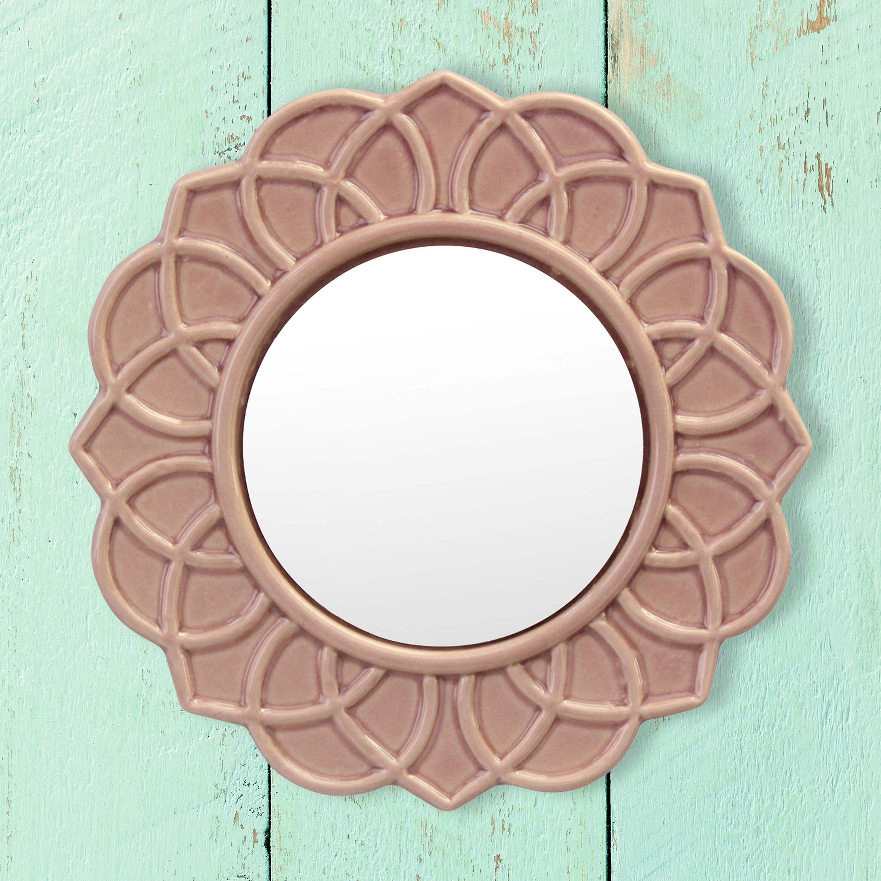 Stonebriar 9 in. Circle Ceramic Floral Wall Mounted Mirror, Pink