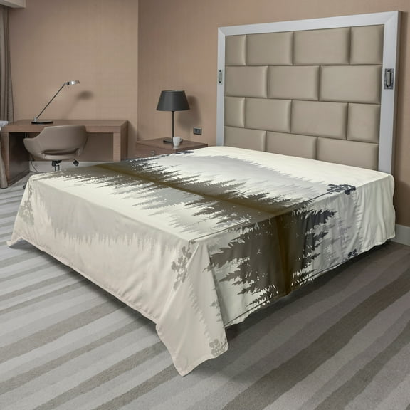 Ambesonne Forest Flat Sheet, Northern Nature Pattern, King Size, Cream Grey Brown