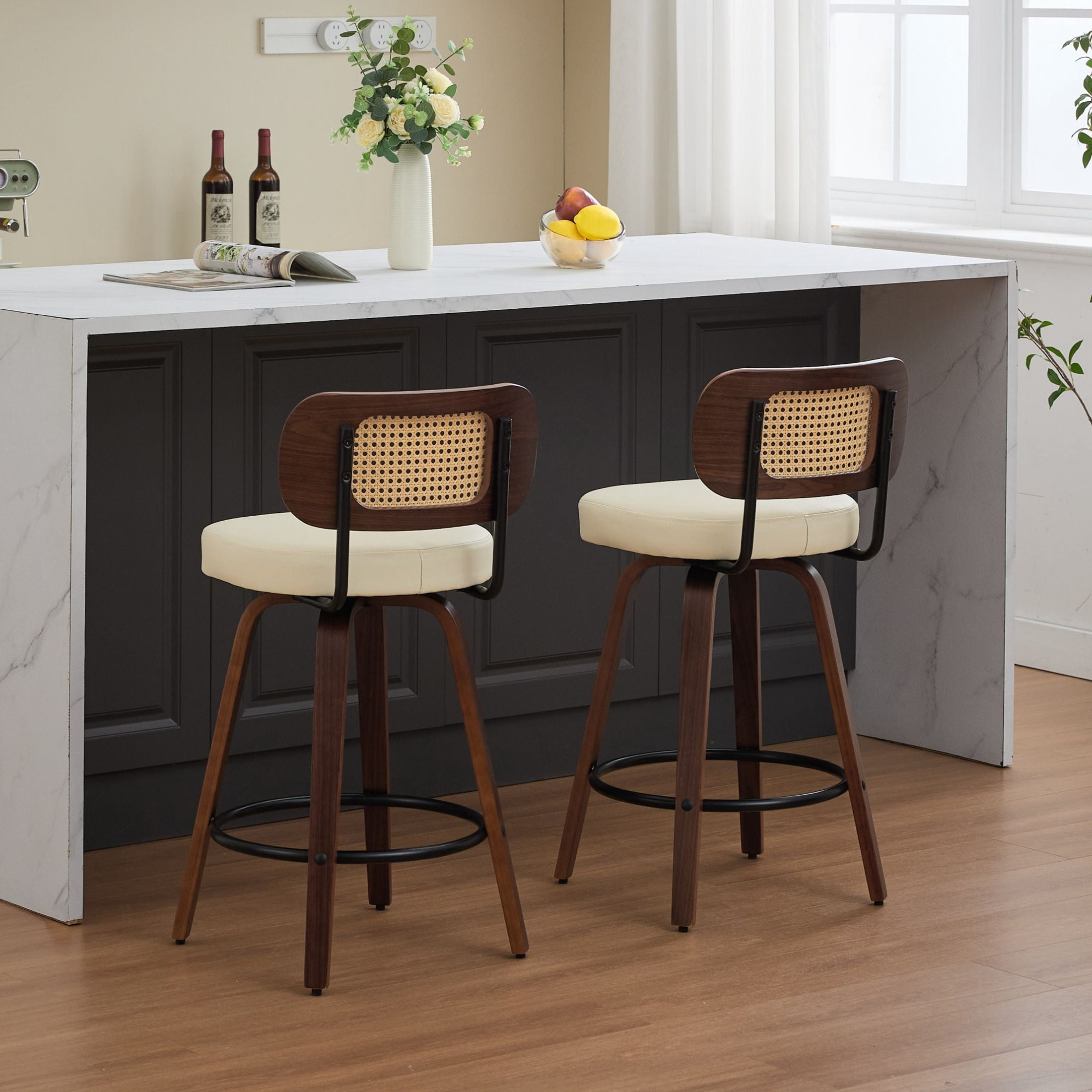 Noble House Set of 2 Counter Height Bar Stools, Cane Back, PU Seat, Walnut + Beige