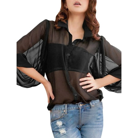 Women's Lantern Sleeve Sheer Button Up Shirt Black (Size M / 8 ...