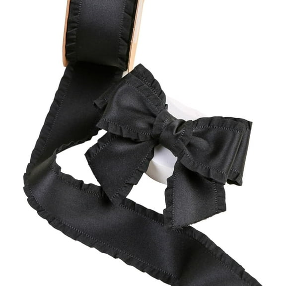 2 Roll 20 Yards 1 Inch Black Ruffle Edge Ribbon Polyester Soild Fabric Ribbon Double Sided Silky Ribbons Bundle Rolls with Spool Wrapping Dress Accents DIY Project Flower Wreaths