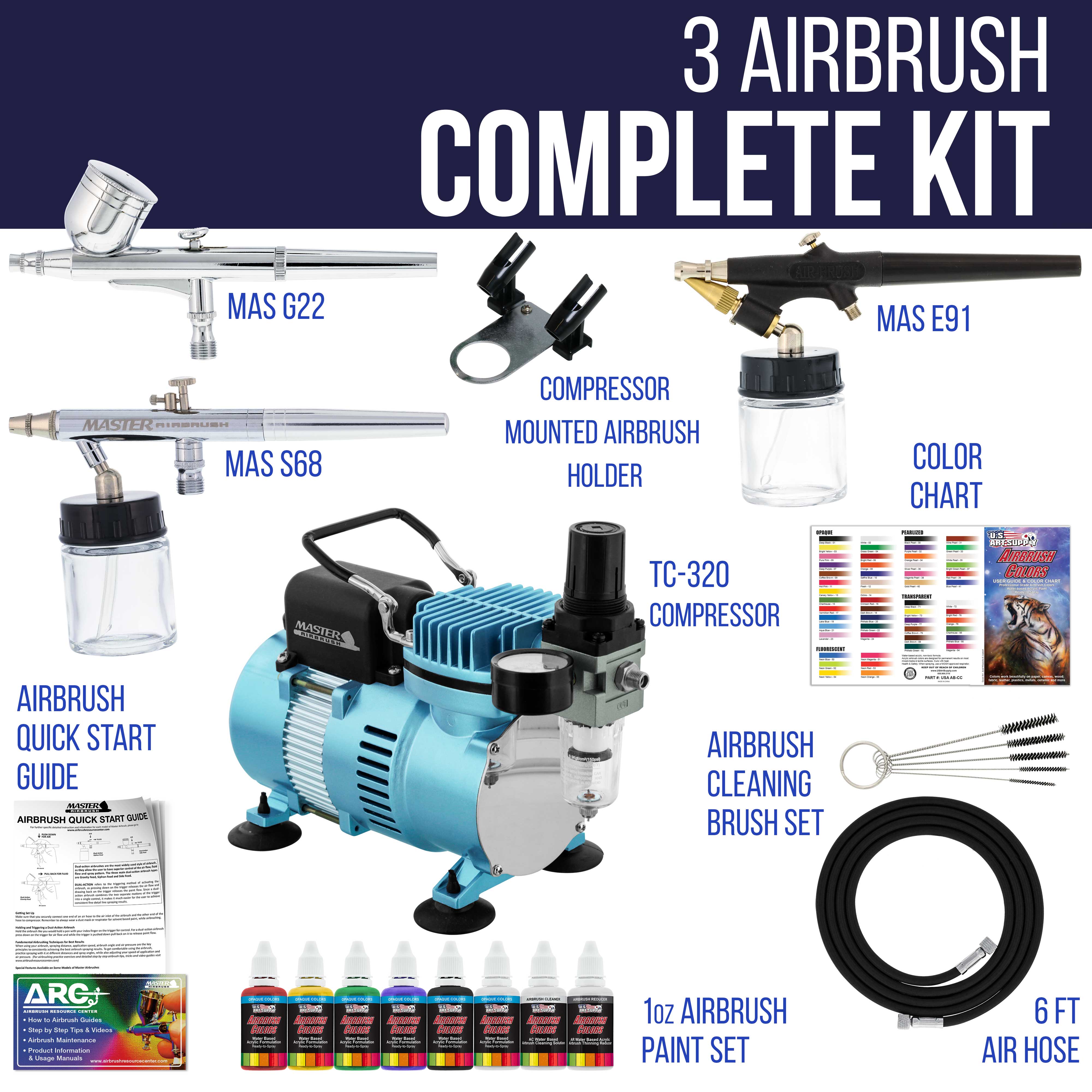 New 3 Airbrush Kit 6 Primary Colors Air Compressor Dual-Action Color Wheel Set - image 4 of 7